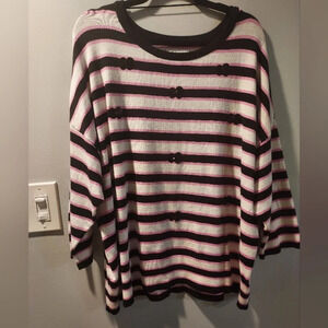 Elle Black, White and Pink Striped Dolman Sleeve Embellished Sweater in Size XL